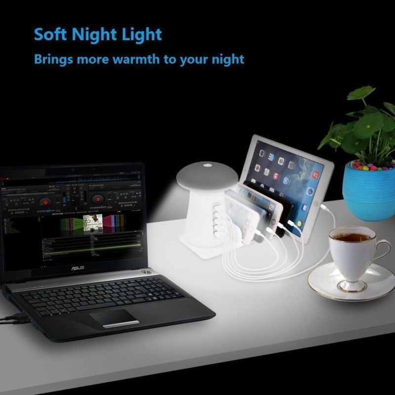 Mushroom LED Desk Lamp with 5-Port USB Charger