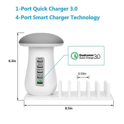 Mushroom LED Desk Lamp with 5-Port USB Charger